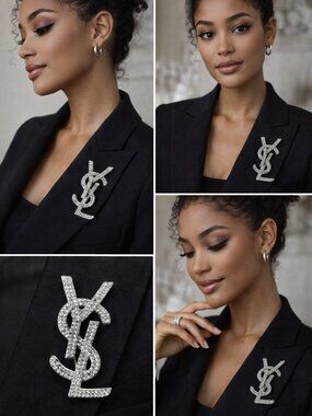 Silver Tone Crystal Monogram Brooch Statement Pin Designer Style Sparkly